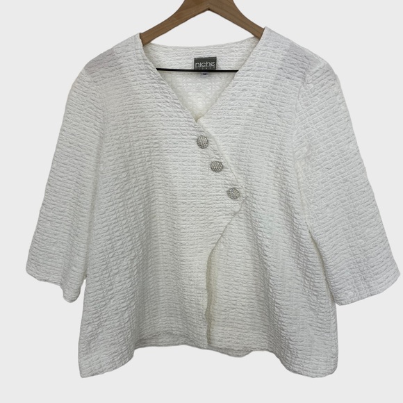 Niche Nilgun Derman White Pucker Asymmetrical Cut  Rhinestone Button Jacket - Picture 7 of 7